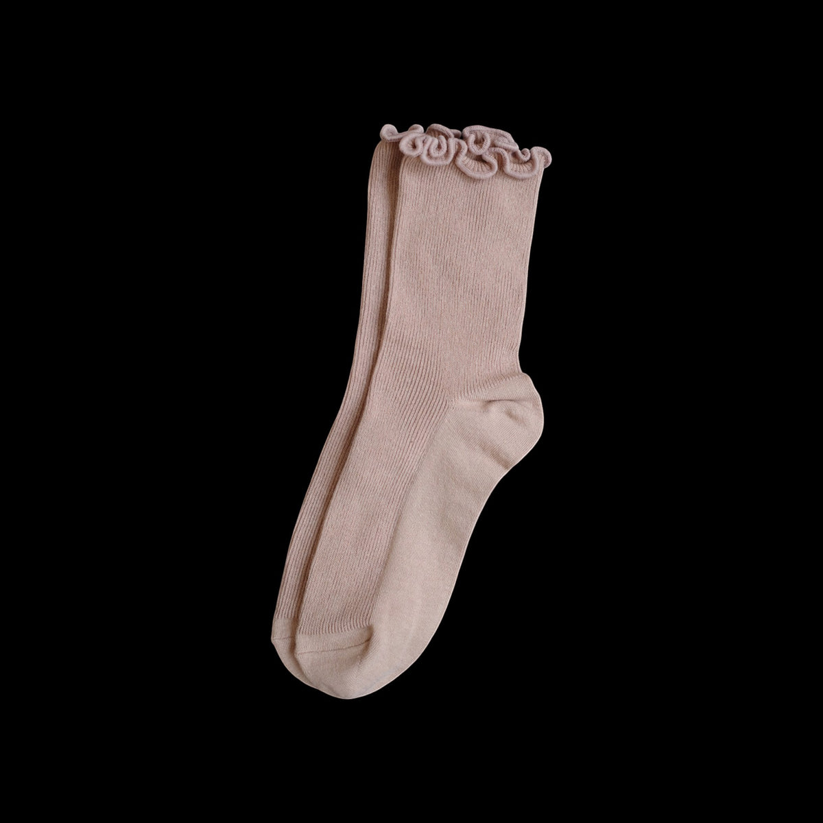 SUNMOOL beige curly ruffle socks with a loose-fit ruffle cuff.
