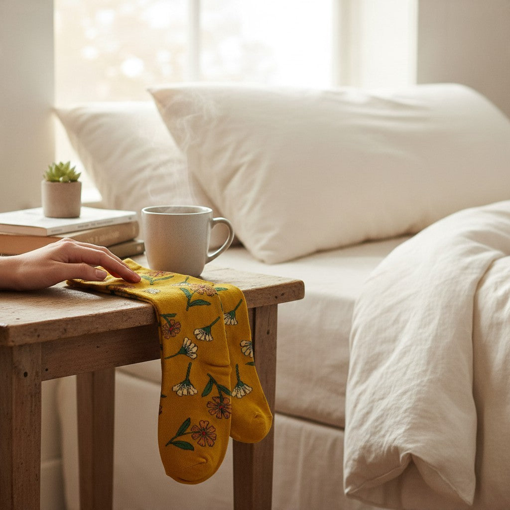 SUNMOOL mustard yellow socks with a vibrant wildflower print resting on a wooden side table in a cozy bedroom.