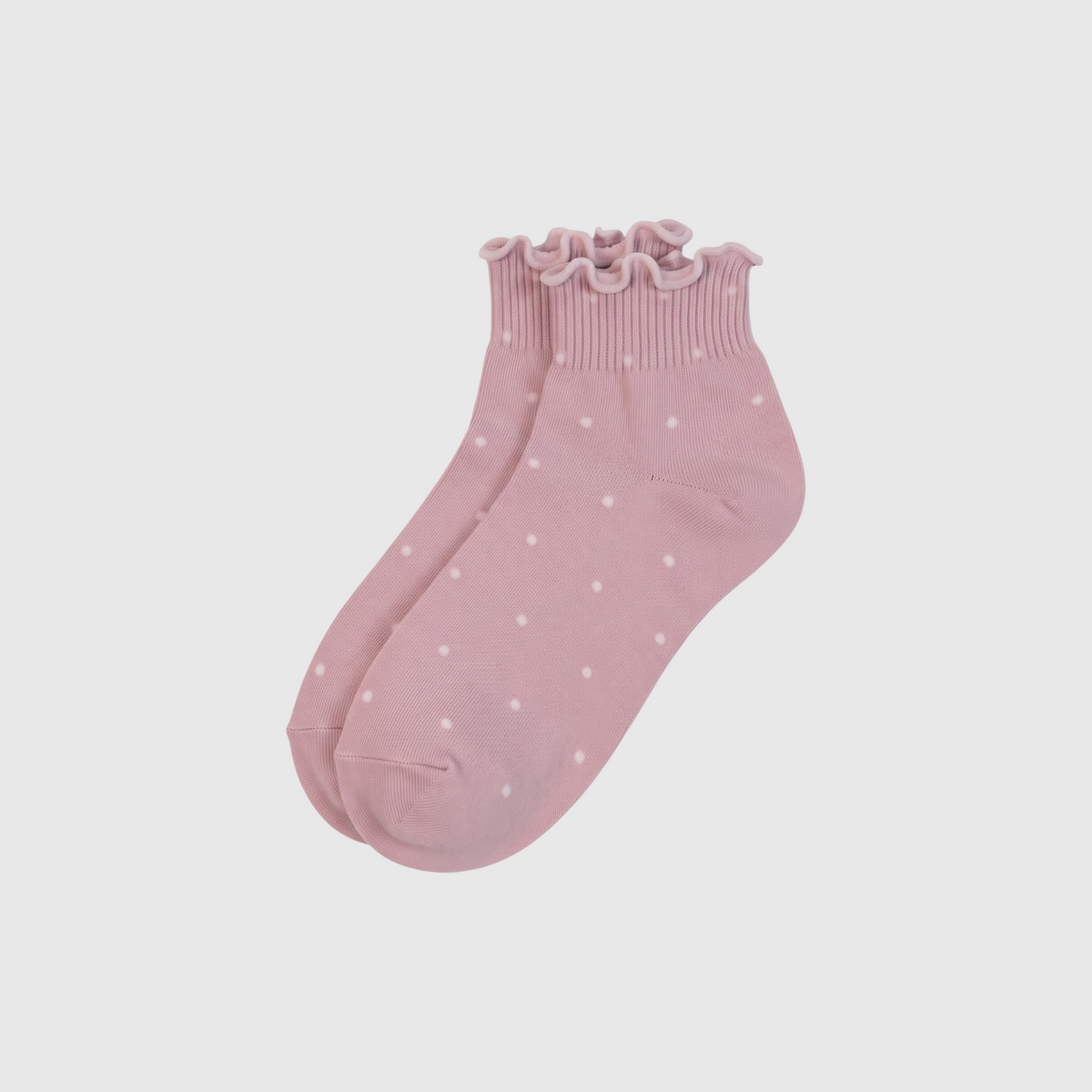 SUNMOOL baby pink cotton-blend ankle socks with white polka dots and a ruffled lettuce-edge cuff.