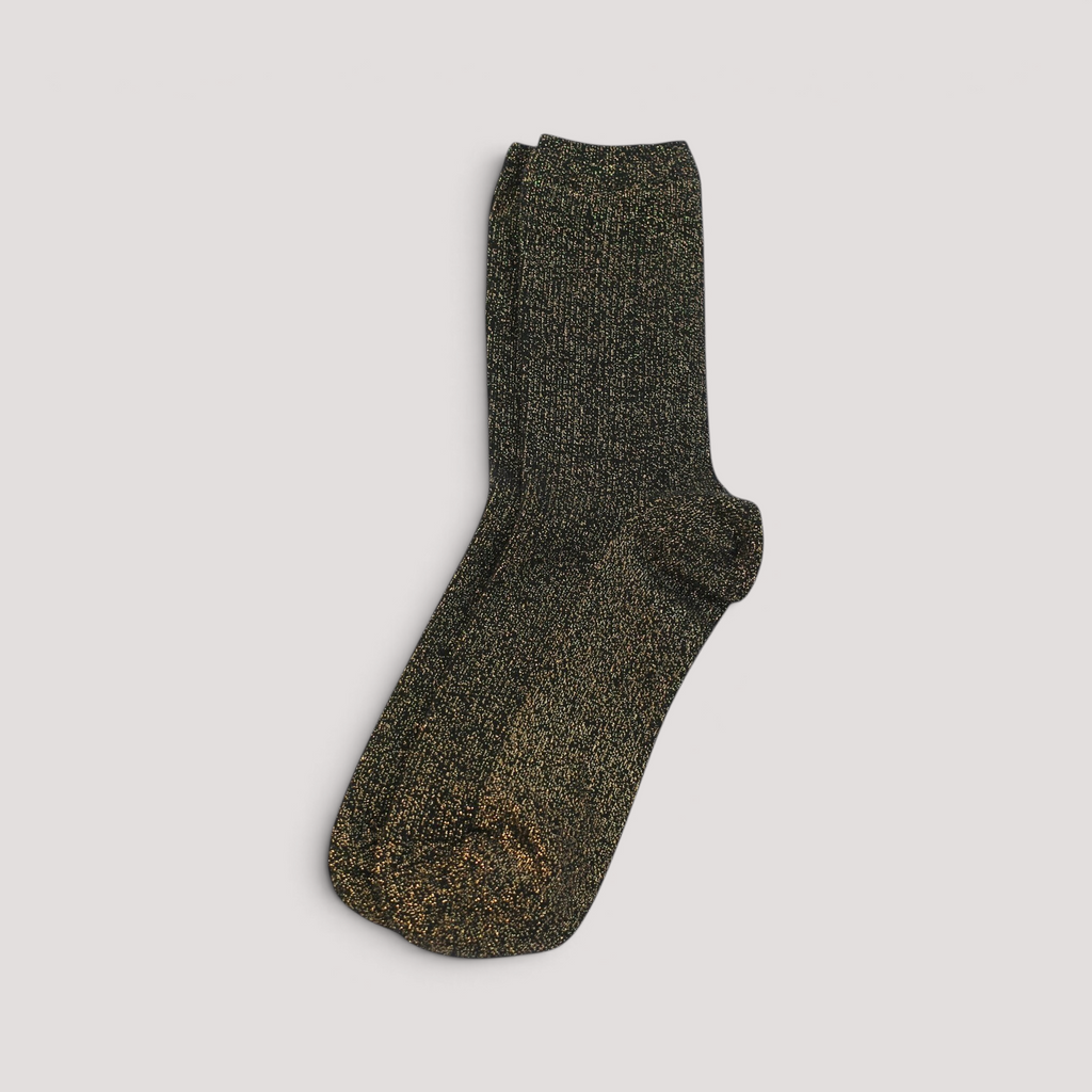 SUNMOOL black mid-neck socks with subtle gold glitter and a comfortable ribbed texture.
