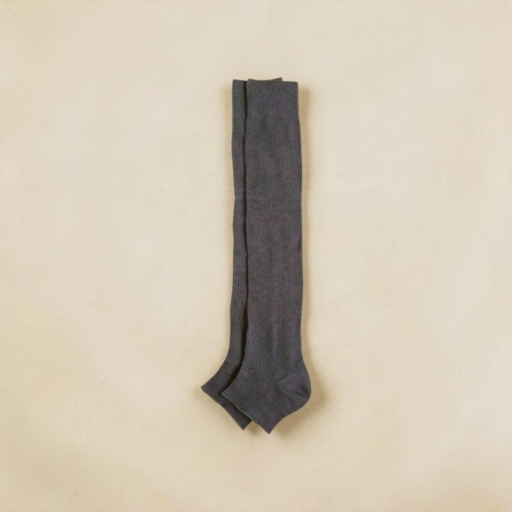 SUNMOOL charcoal grey ribbed knee-high socks with an open-toe design for versatile styling.