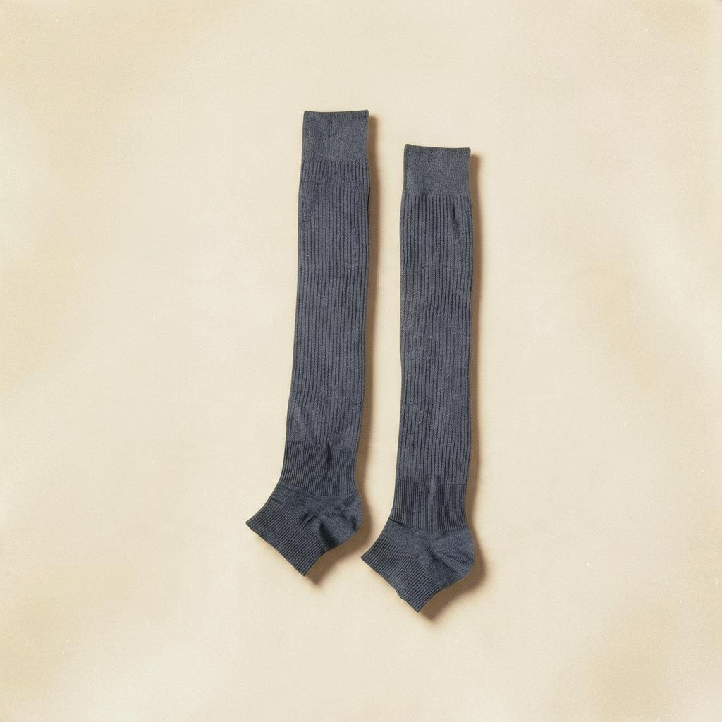 SUNMOOL charcoal grey ribbed knee-high open-toe studio socks for ballet or casual footwear styling.