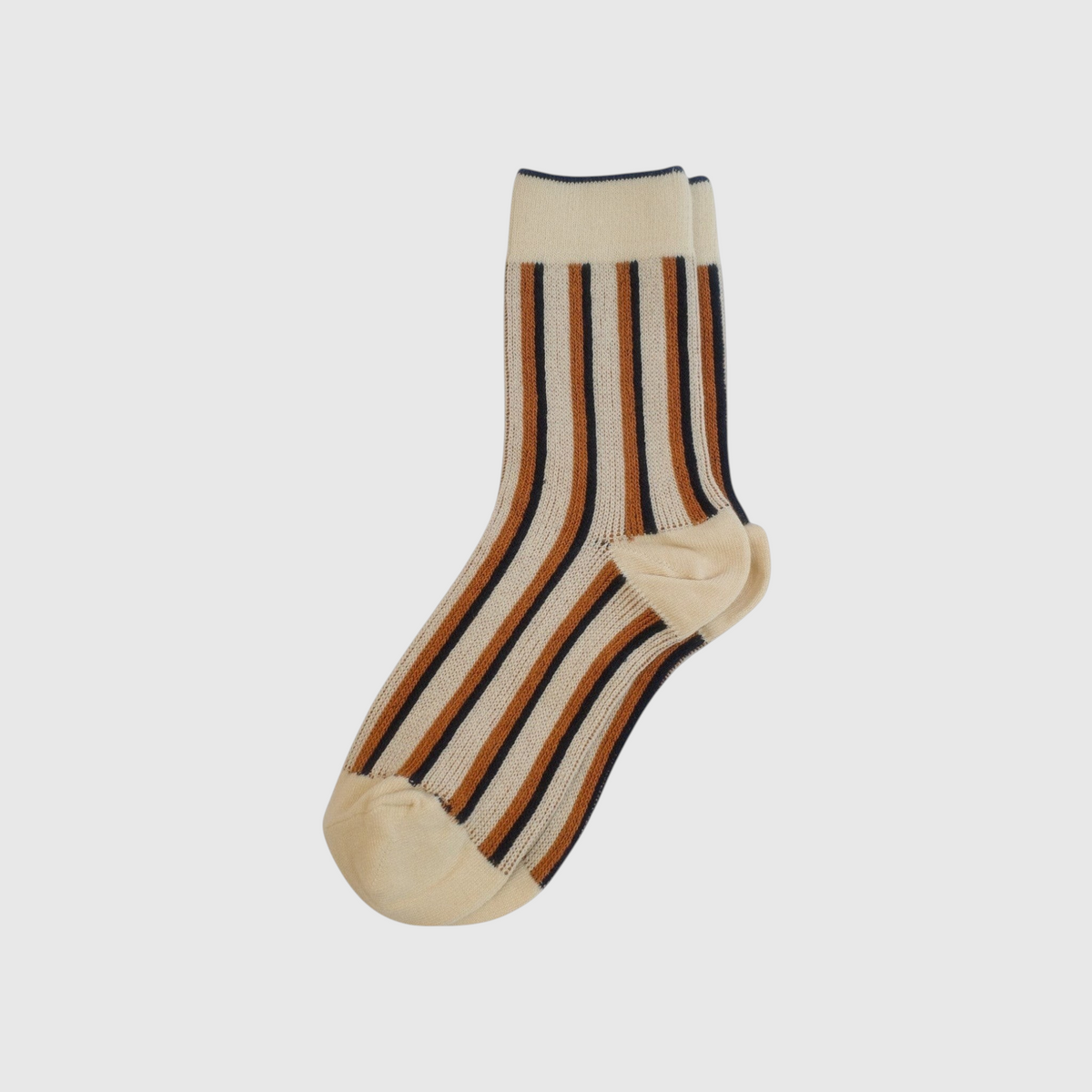 SUNMOOL dual stripe crew socks in ivory with brown and navy vertical stripes and reinforced heel and toe