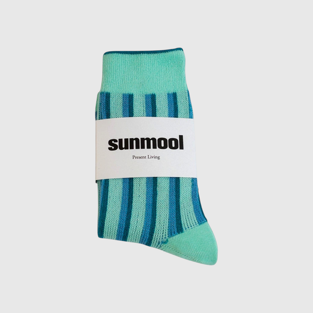 SUNMOOL dual stripe socks in mint green and teal with branded paper packaging