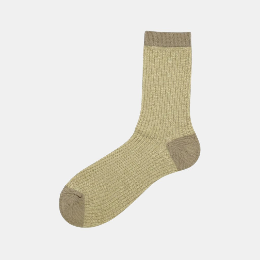 SUNMOOL Glittery Breeze Shimmer Socks in light beige with taupe accents. Ribbed knit, crew length, lightweight metallic thread.