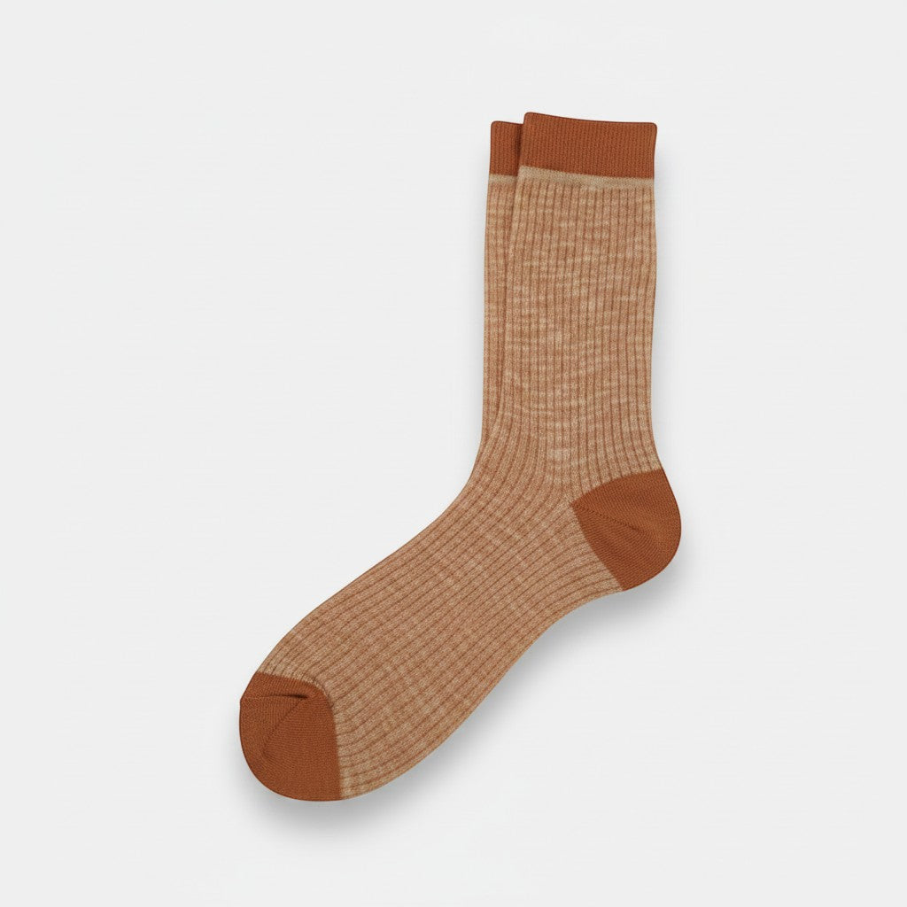 SUNMOOL Glittery Breeze Shimmer Socks in brick brown with ribbed texture and contrasting toe and cuff.