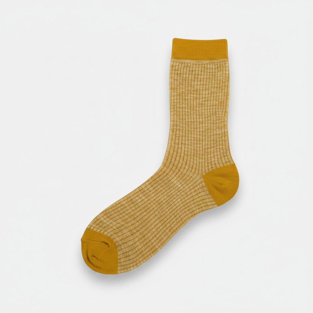 SUNMOOL Glittery Breeze Shimmer Socks in gold. Lightweight, metallic thread, ribbed crew socks with reinforced toe and heel.