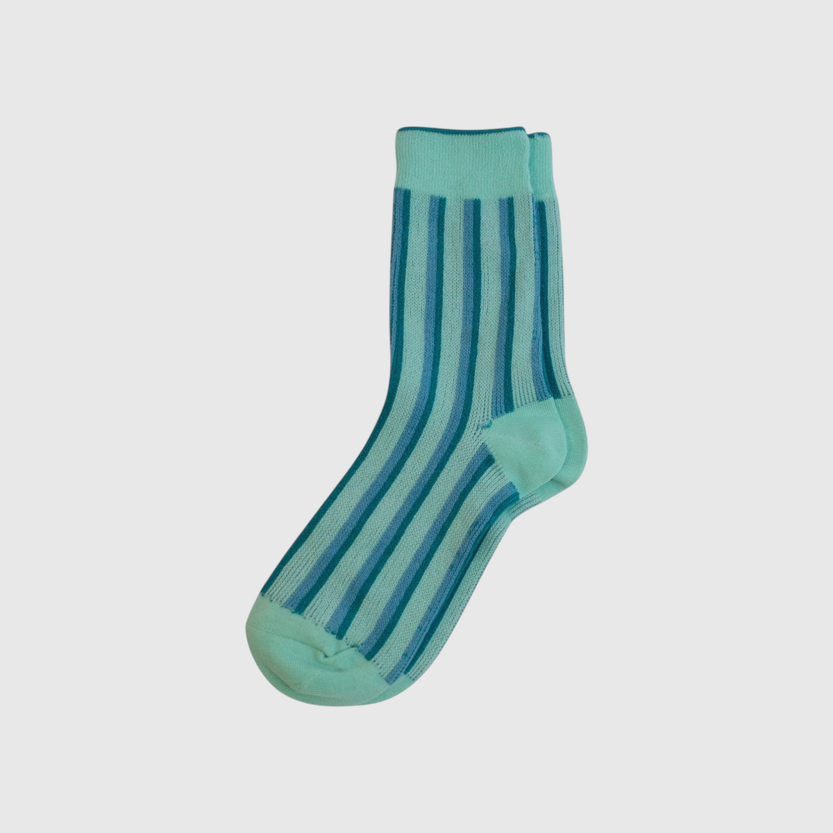 SUNMOOL dual stripe crew socks in shades of green and teal with a ribbed cuff design.