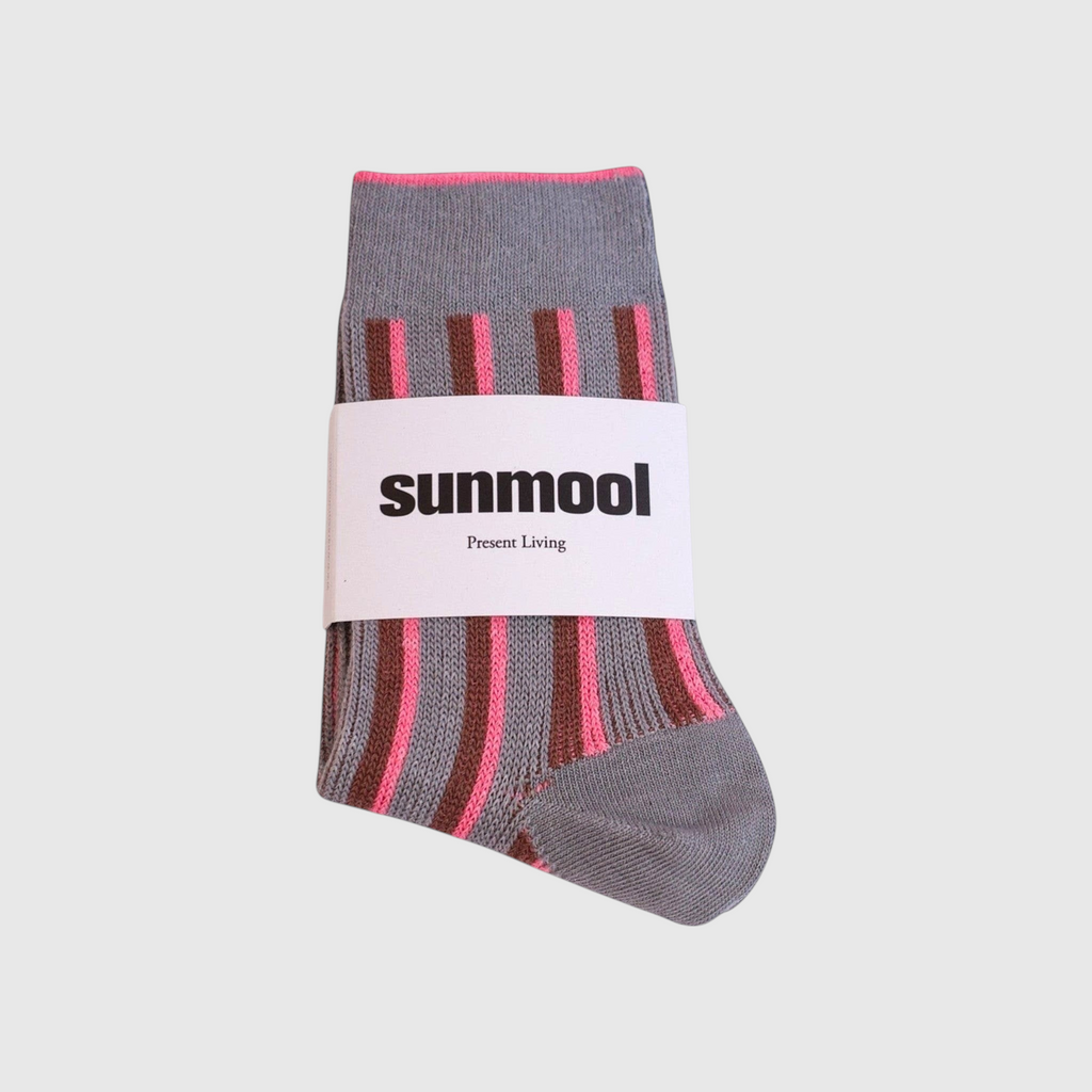 SUNMOOL grey cotton socks with pink and brown vertical stripes and a pink top trim in branded packaging