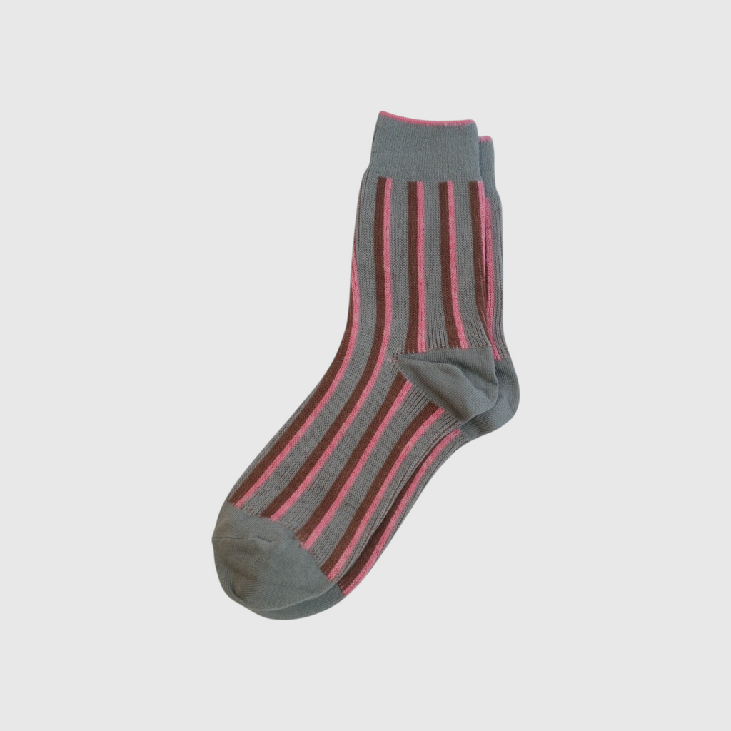 SUNMOOL dual stripe socks in grey with brown and pink vertical stripes on a plain white background