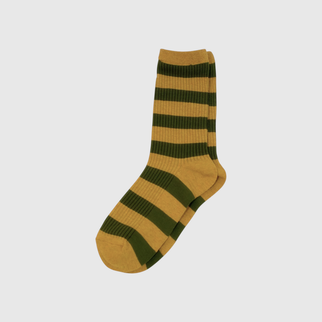SUNMOOL Harvest candy striped socks in vibrant mustard yellow and forest green ribbed cotton