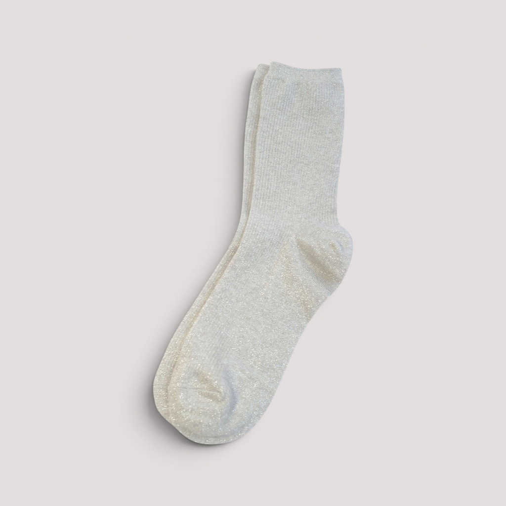 SUNMOOL ivory mid-neck socks with a subtle glittery finish and ribbed texture for a cozy festive look.