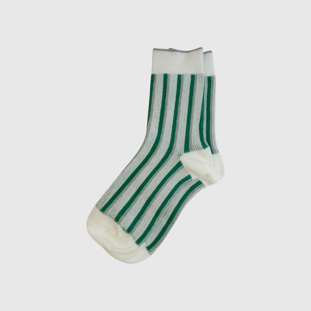 SUNMOOL dual stripe socks in ivory and green with a ribbed texture and reinforced heel and toe