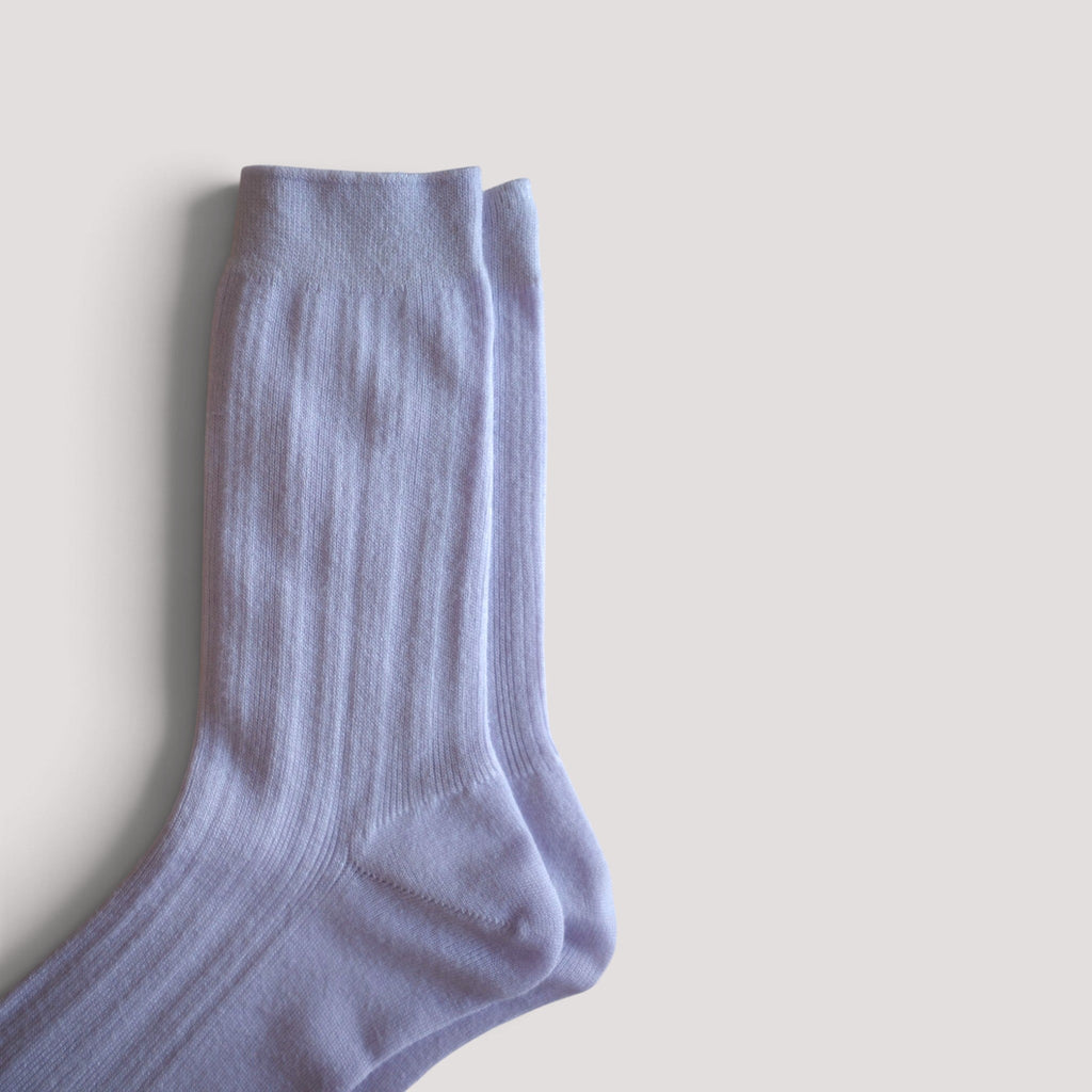 SUNMOOL Pastel Cloud lavender ribbed crew socks with a soft knit texture on a neutral background.