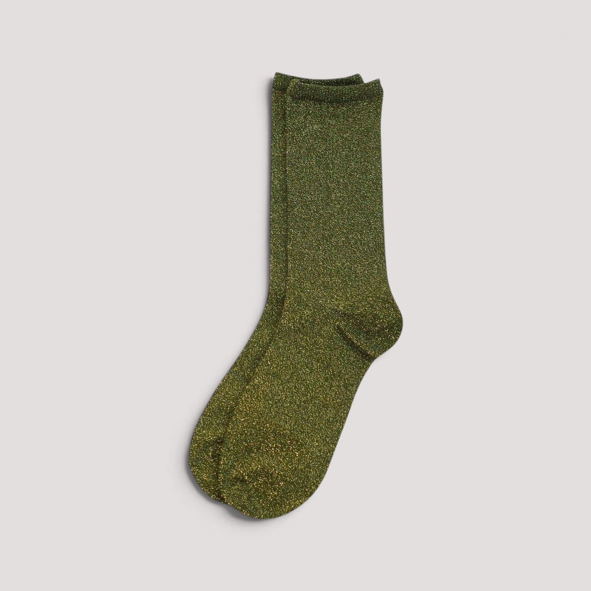 SUNMOOL mid-neck socks in dark olive green with a subtle all-over glitter finish and ribbed texture.