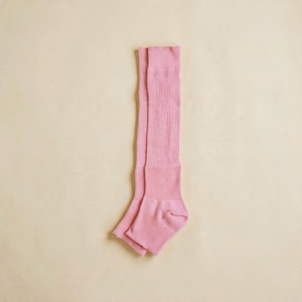 SUNMOOL pink ribbed knee-high open-toe socks for ballet or casual wear on a neutral background.