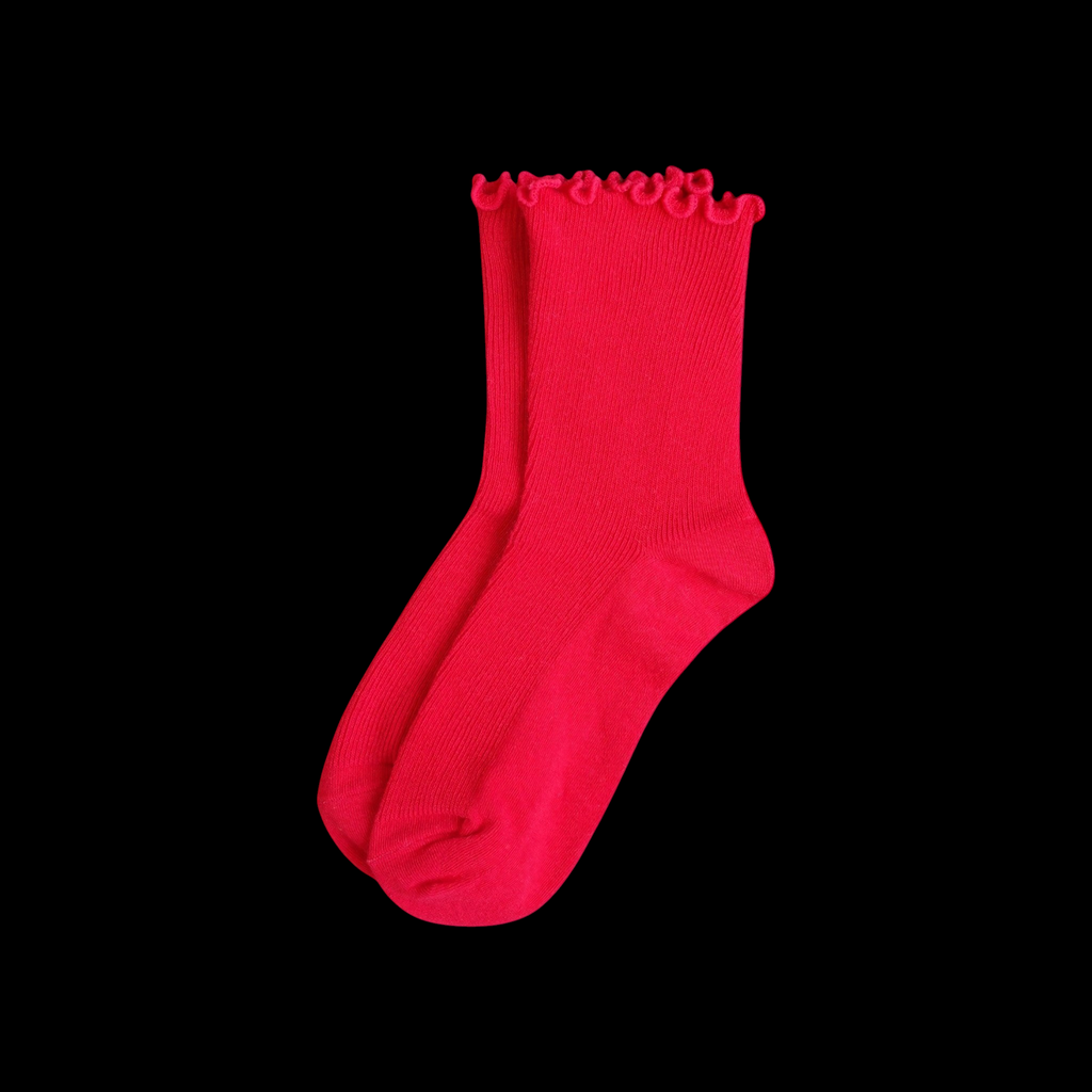 SUNMOOL bright red casual socks featuring a playful curly ruffle cuff and a comfortable loose-fit design.