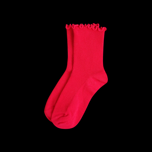SUNMOOL bright red casual socks featuring a playful curly ruffle cuff and a comfortable loose-fit design.