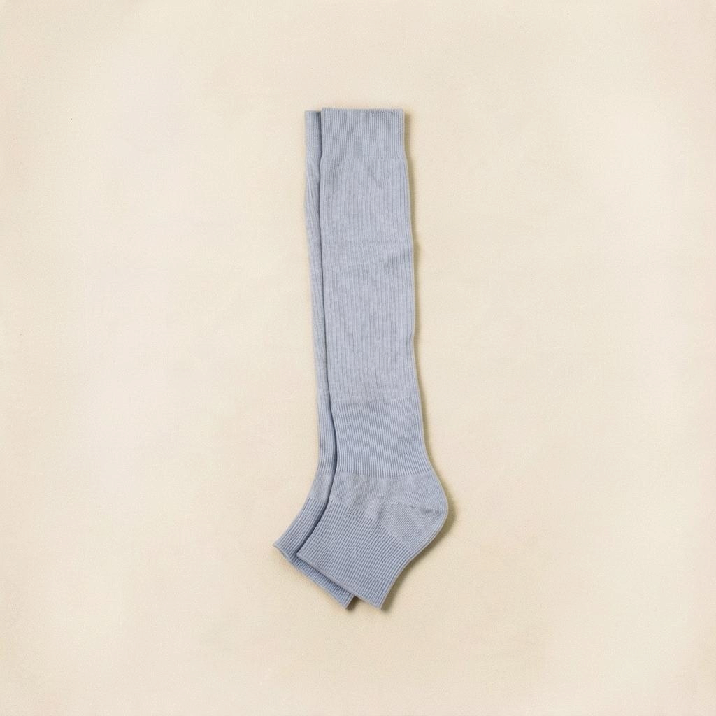 SUNMOOL light blue ribbed open-toe knee-high studio socks for versatile warm-weather styling.