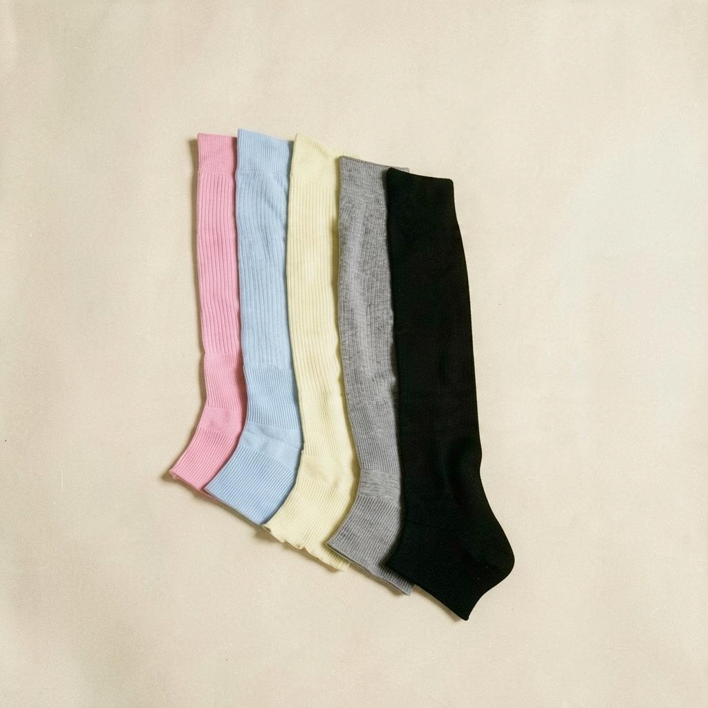 SUNMOOL open-toe knee-high socks in pink, blue, yellow, grey, and black with a ribbed texture for ballet-inspired style