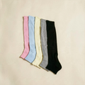 SUNMOOL open-toe knee-high socks in pink, blue, yellow, grey, and black with a ribbed texture for ballet-inspired style