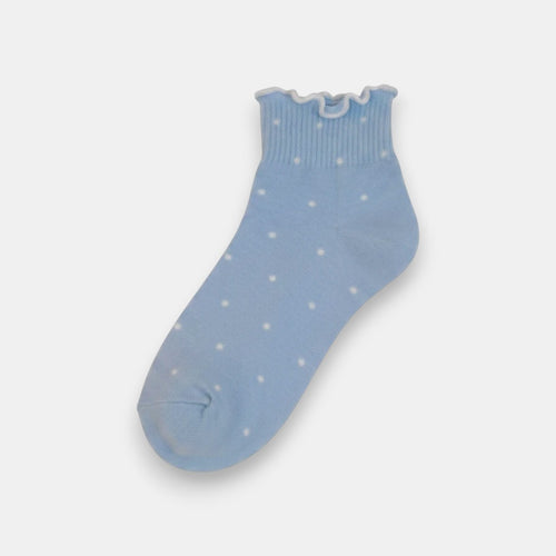 SUNMOOL sky blue cotton ankle socks with white polka dots and a delicate scalloped frilled edge.