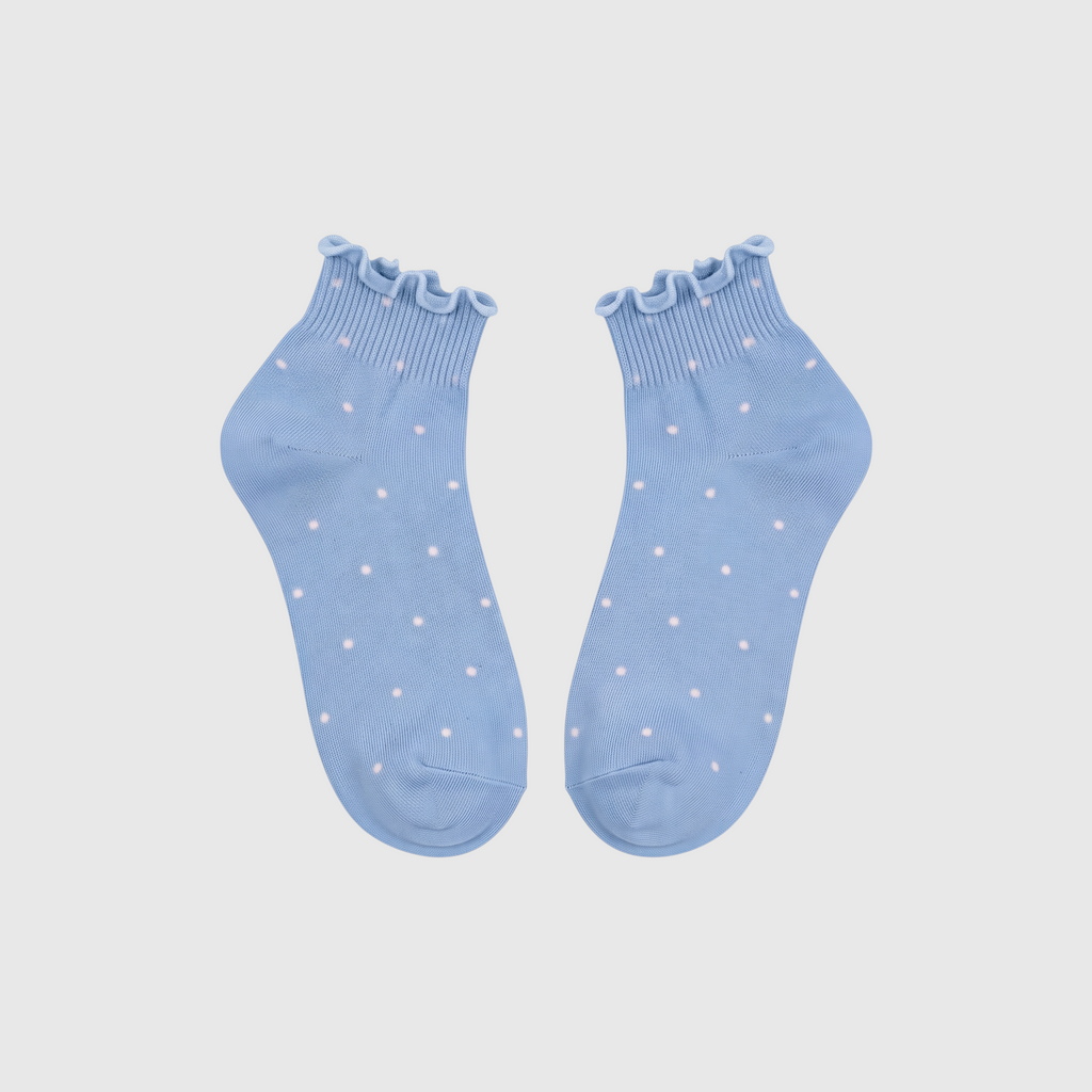 SUNMOOL sky blue cotton socks with white polka dots and a delicate scalloped frilled edge