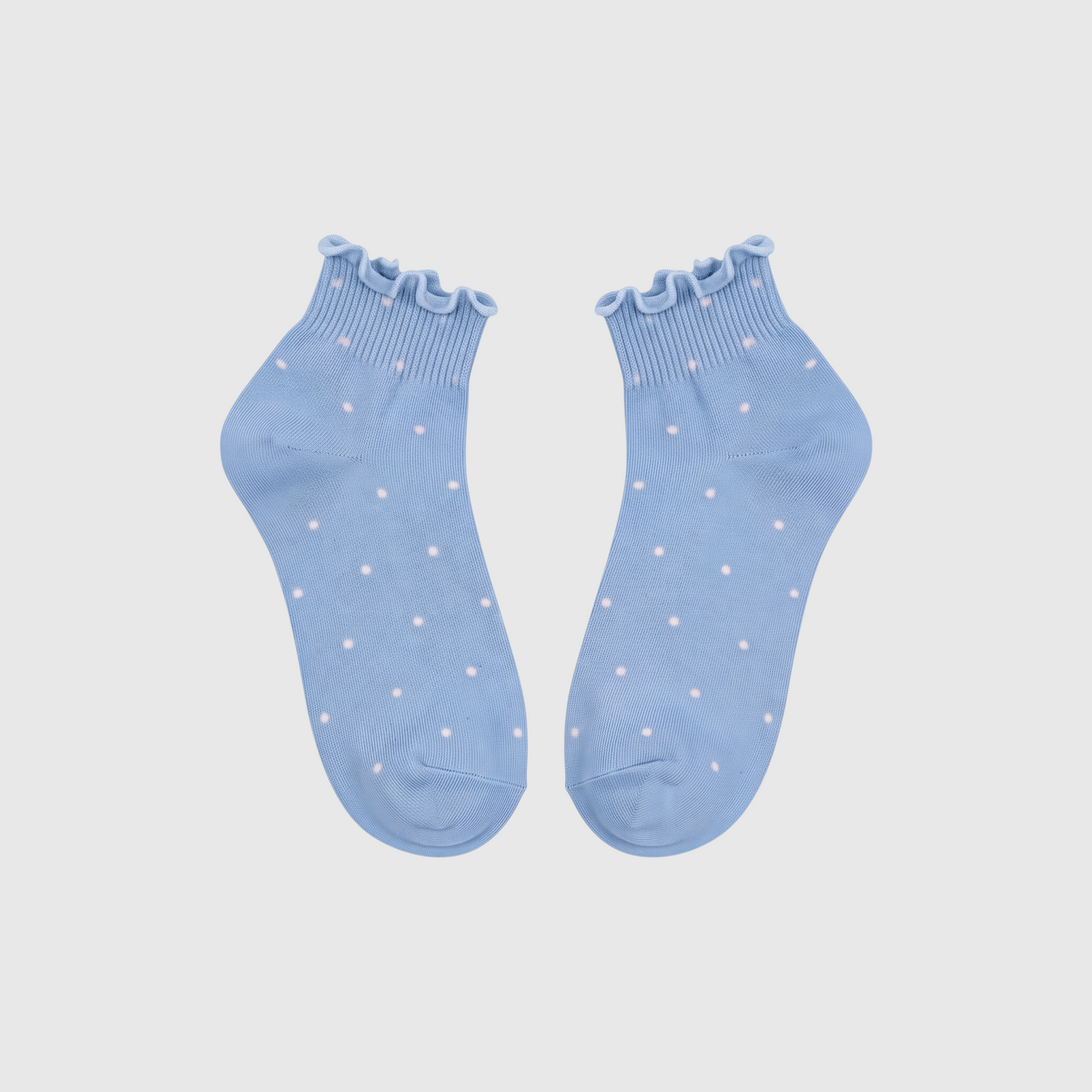 SUNMOOL sky blue cotton socks with white polka dots and a delicate scalloped frilled edge