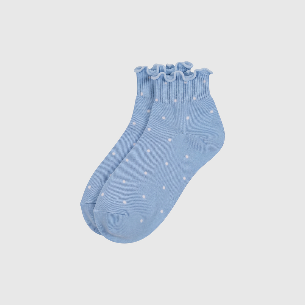 SUNMOOL sky blue cotton socks with white polka dots and a delicate scalloped frilled edge