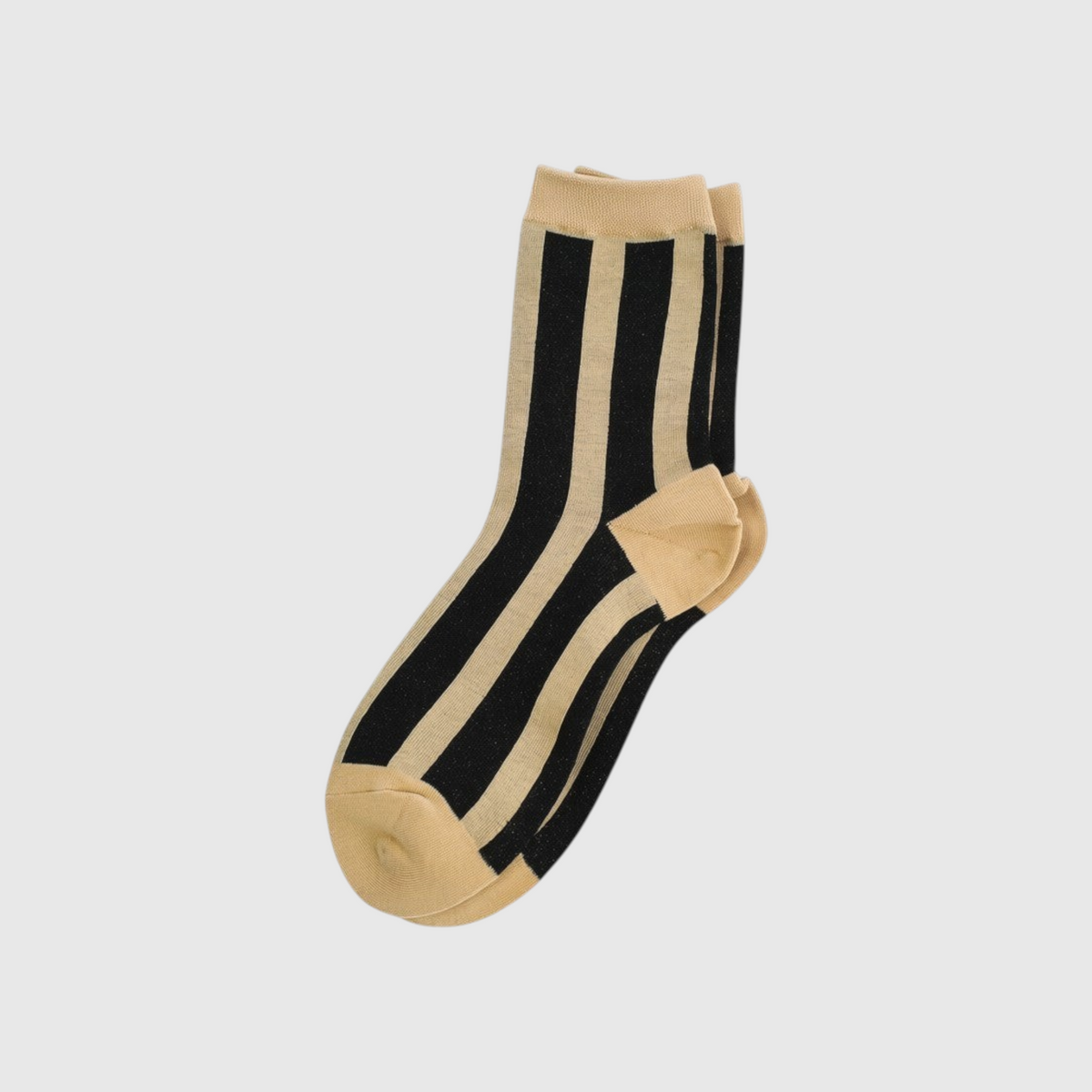 SUNMOOL ivory and black vertical striped socks with subtle glitter tinsel threading for a shimmering finish.